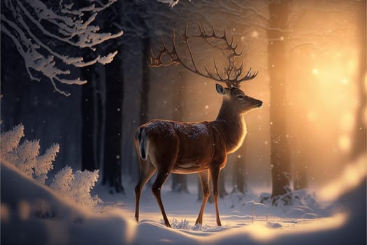 Fantasy wonderful wnter landscape with deer in the snow