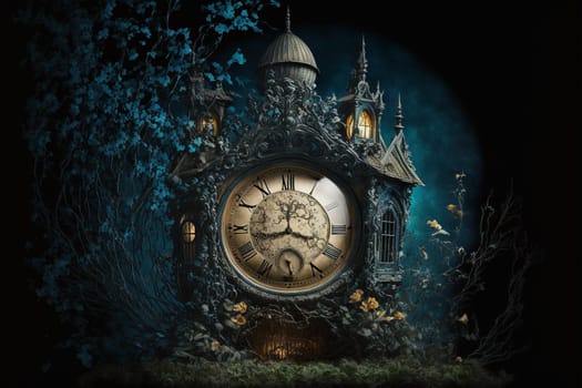 Vintage clock in fairy tale ambiance. Lost time concept