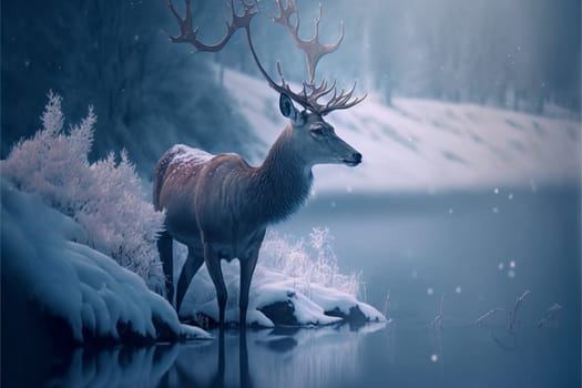 Fantasy wonderful wnter landscape with deer in the snow