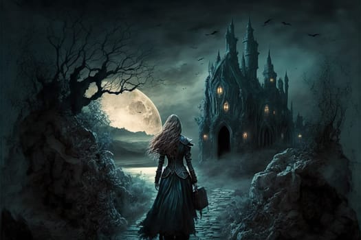 3D rendering of a church in spooky Halloween night with ghost woman