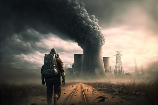 Man in a gas mask shrouded in smoke, walking in a dangerous radioactive zone. Post-Apocalypse, nuclear war, environmental disaster concept.3D illustration