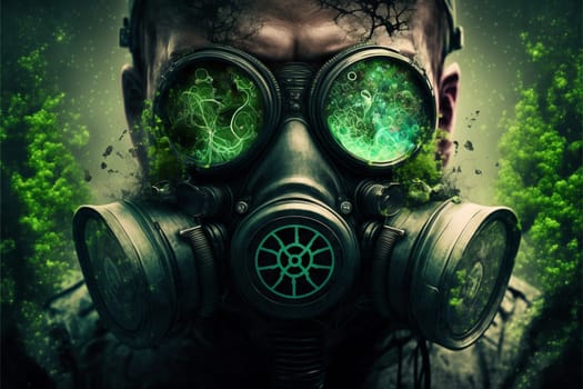 Man in a gas mask shrouded in smoke, walking in a dangerous radioactive zone. Post-Apocalypse, nuclear war, environmental disaster concept.3D illustration