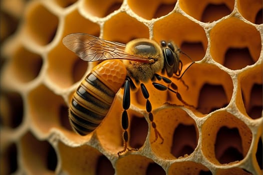 Close up on a honeycomb with bee