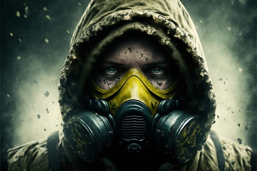 Man in a gas mask shrouded in smoke, walking in a dangerous radioactive zone. Post-Apocalypse, nuclear war, environmental disaster concept.3D illustration
