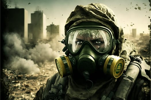 Man in a gas mask shrouded in smoke, walking in a dangerous radioactive zone. Post-Apocalypse, nuclear war, environmental disaster concept.3D illustration