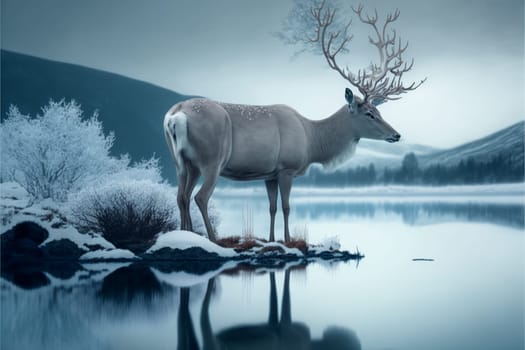 Fantasy wonderful wnter landscape with deer in the snow