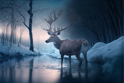 Fantasy wonderful wnter landscape with deer in the snow