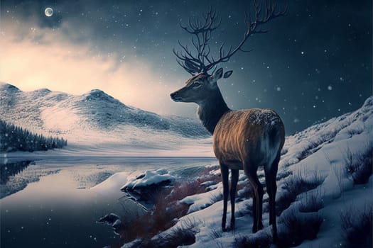 Fantasy wonderful wnter landscape with deer in the snow