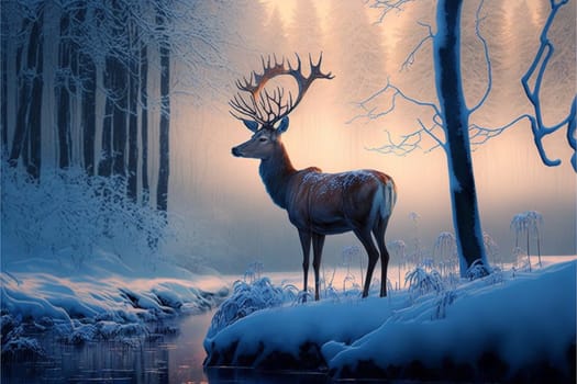 Fantasy wonderful wnter landscape with deer in the snow