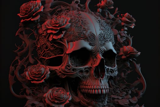 Skull with red roses. Halloween background.