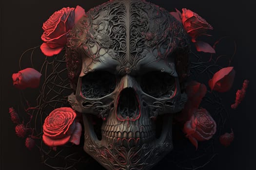 Skull with red roses. Halloween background.