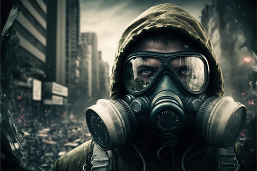 Man in a gas mask shrouded in smoke, walking in a dangerous radioactive zone. Post-Apocalypse, nuclear war, environmental disaster concept.3D illustration