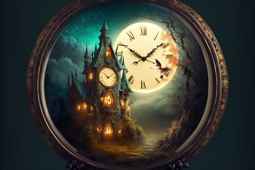 Vintage clock in fairy tale ambiance. Lost time concept