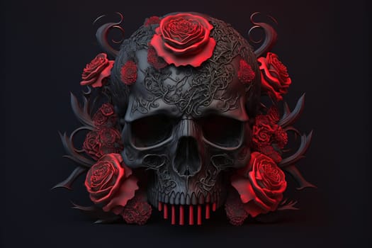 Skull with red roses. Halloween background.