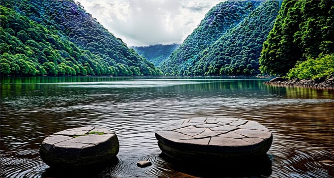 Two stone circles on the shore of the lake are surrounded by lush green hills. Generative AI.