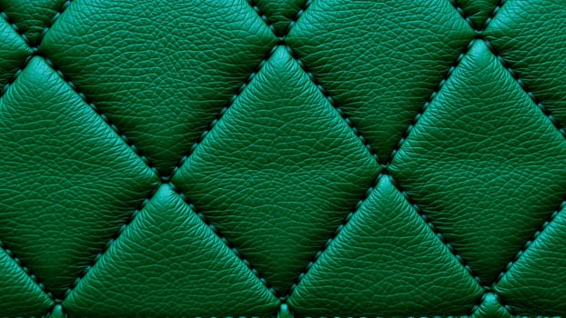 Green artificial leather surface texture, stitched in the form of rhombuses, squares, rectangles. Quilted eco-leather. High quality photo