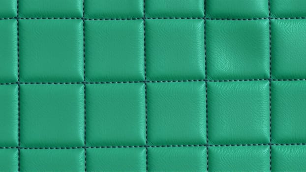 Green artificial leather surface texture, stitched in the form of rhombuses, squares, rectangles. Quilted eco-leather. High quality photo