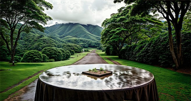 Wet stone table on a forest road with green hills in the background.. Generative AI.