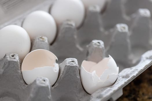 Carton of White Chicken Eggs and Egg Shells.