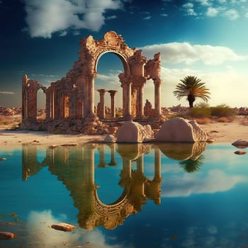The image depicts the ruins of a long-abandoned ancient city, a popular tourist destination in the country of Aruba. The image is generated with the use of an AI.