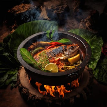 Juicy meat or fish skewers grilled to perfection and seasoned with a blend of fragrant spices, served with a side of fresh herbs. The image is generated with the use of an AI.