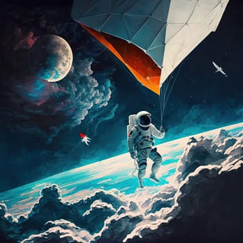 This painting depicts an astronaut flying a kite in space, with the Earth and Moon visible in the background. A thunderstorm can be seen approaching the astronaut, adding an element of danger to the peaceful scene. The painting captures the beauty and majesty of space, and the fragility of human existence in it.