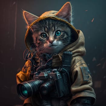 A cyberpunk-inspired painting depicting a kitten photographer capturing a shot of another feline in a neon-lit city. The image is rendered in a stylized, futuristic aesthetic, with an emphasis on bold colors and sharp lines.