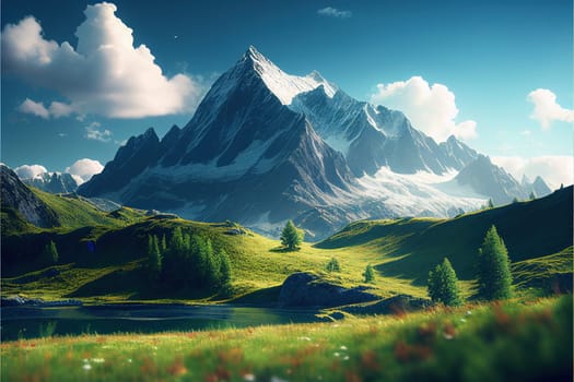 A breathtaking painting of a magnificent mountain in all its natural splendor. Surrounded by lush green fields, the mountain stands tall against a picturesque sky, the perfect embodiment of a European landscape.