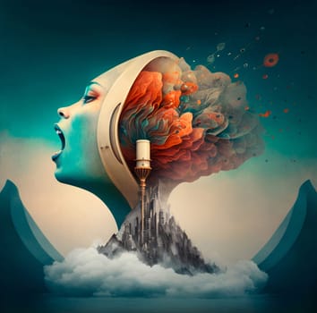 The painting is a visualization of a surrealist pilgrimage, where the background is an unexpected and mysterious space, and at the center of the painting is a figure with a rising voice, which represents a metaphor for spiritual enlightenment and the search for truth.