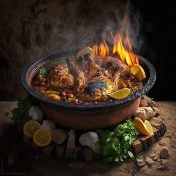 This flavorful piece captures the essence of the most popular dish in Algeria, Taboula, a beef or chicken dish cooked over an open fire with traditional spices and lemon. The painting showcases the vibrant colors, flavors, and textures of this traditional dish. The composition is a true reflection of the local cuisine.