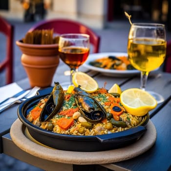 A beautiful photograph of the classic Spanish dish Paella, filled with seafood and vegetables, taken in a street cafe. The image captures the vibrant colors, textures, and flavors of the traditional dish, making it appetizing to look at. The photograph showcases the simplicity and authenticity of Paella, and its popularity in Spain and around the world.