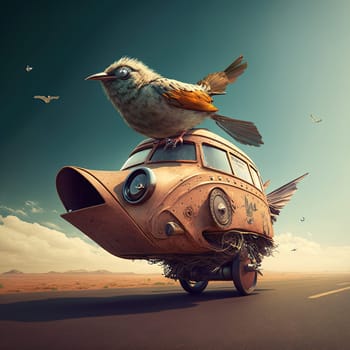 A unique painting that depicts a flying car in the shape of a bird. The car appears to be soaring through the air, its wings spread wide and its sleek, futuristic design on full display. The image showcases the fusion of nature and technology, and the possibilities of transportation in the future.