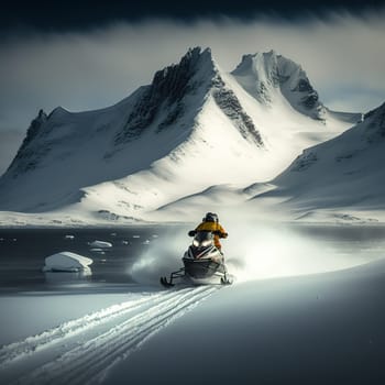 This painting depicts snowmobiles, one of the most popular motorized vehicles in Antarctica, used for transportation and exploring in the mountains and glaciers. The image is generated with the use of an AI, which allows for a unique interpretation of this traditional mode of transportation in Antarctica. The vibrant colors and intricate details showcase the rugged beauty and vastness of the Antarctic landscape and the importance of technology for exploring it.