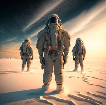 This painting depicts a wide angle shot of individuals in full body military suits, equipped to survive in freezing cold temperatures. The painting has a cinematic style and atmosphere, bringing to attention the idea of survival and protection.