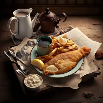 The painting depicts a classic British dish of fish and chips, with a crispy golden cod fillet and fluffy fries. The image is generated with the use of an AI.