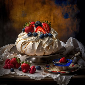 A beautiful photograph of an Australian Pavlova dessert, showcasing its delicate and colorful presentation. The image captures the deliciousness of the traditional dessert, making it appetizing to look at. The photograph illustrates the popularity and cultural significance of the Pavlova in Australia.