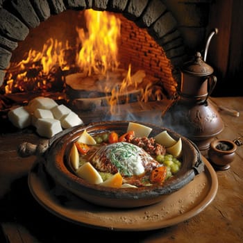 This delectable piece captures the essence of the most popular dish of Albania, Stuffed Kabak, where the meat is cooked over an open fire and served with a dollop of sour cream. The painting showcases the vibrant colors, flavors and textures of this traditional dish. The composition is a true reflection of the local cuisine.