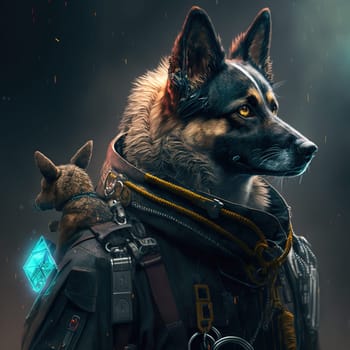 A painting that depicts a cyberpunk-inspired dog shepherd, with advanced technology and human-like features. The dog's alert expression and advanced enhancements suggest its role as a guardian of a futuristic society. This painting explores the relationship between man and machine, and the blurred boundaries between them.