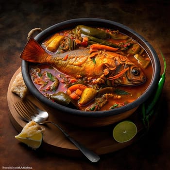 The painting depicts the traditional Angolan dish of caldeirada, a flavorful seafood stew of fish, shellfish, and vegetables. The image is generated with the use of an AI.