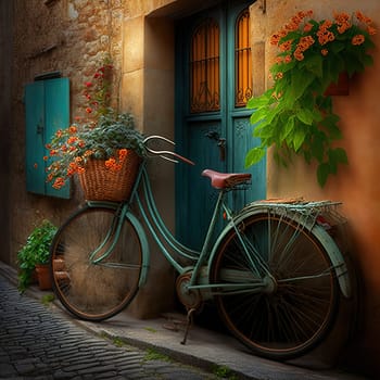 A beautiful photograph of a bicycle parked in a picturesque French village. The image captures the charm and simplicity of exploring the French countryside on a bicycle, showcasing the freedom and serenity of a bicycle journey. The photograph illustrates the natural beauty of the French landscape, and the vintage aesthetic of the bicycle.