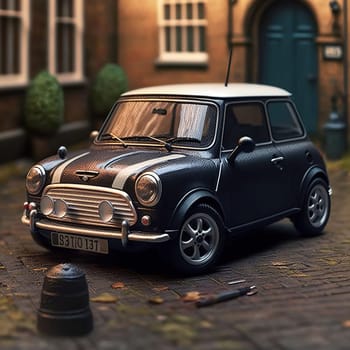 he painting depicts a classic Mini Cooper car, the iconic British design is captured in the bright red paint and vintage style. The image is generated with the use of an AI.