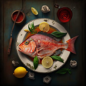 This painting depicts a bountiful selection of seafood, with a focus on dishes made with the local delicacy of red snapper caught off the coast of Anguilla. The vibrant colors and intricate details of the fish and seafood are sure to delight any seafood lover. The image is generated with the use of AI.