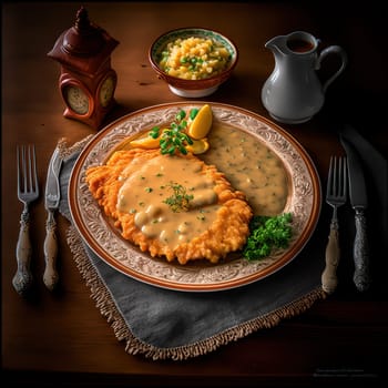 A beautiful photo of a traditional Austrian dish, Schnitzel, served with crispy potatoes and a rich crab sauce.