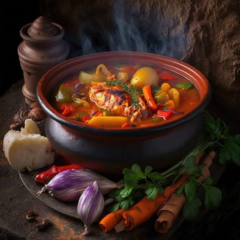 The painting depicts a steaming bowl of Red Pepper Soup, a popular dish in Antigua and Barbuda made of red pepper, chicken, potatoes and other vegetables. The image is generated with the use of an AI.