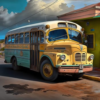 The painting depicts a bus on the road, the main mode of transportation in Antigua and Barbuda, used to transport people on the island's main routes. The image is generated with the use of an AI.