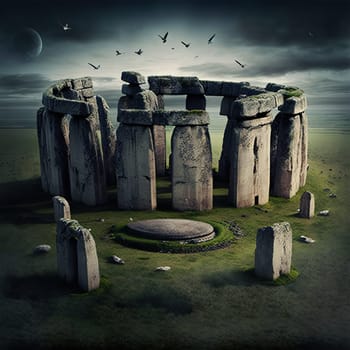 The painting depicts the ancient monument of Stonehenge, the standing stones standing tall against the barren landscape. The image is generated with the use of an AI.