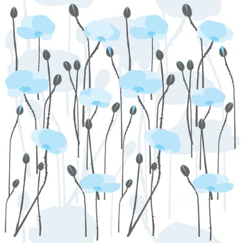 Blue poppies flowers field. Delicate floral seamless pattern.