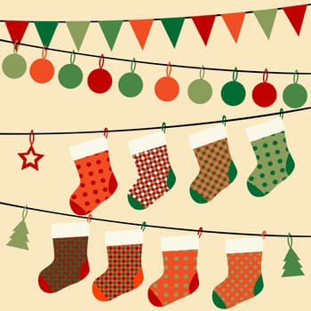 Christmas card with bunting and garlands, socks , flags and Christmas balls hanging