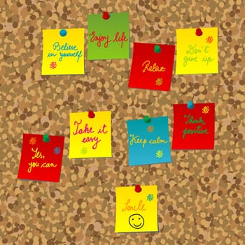 Cork board with positive messages on colorful sticky notes