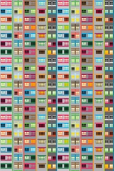 Urban residential building seamless pattern with multicolored facade full of windows in the night